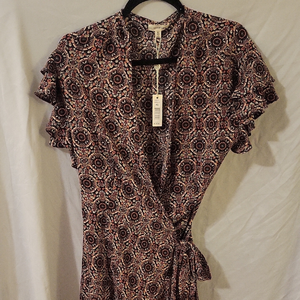 Max Studio Black & Pink Patterned Wrap Midi Dress